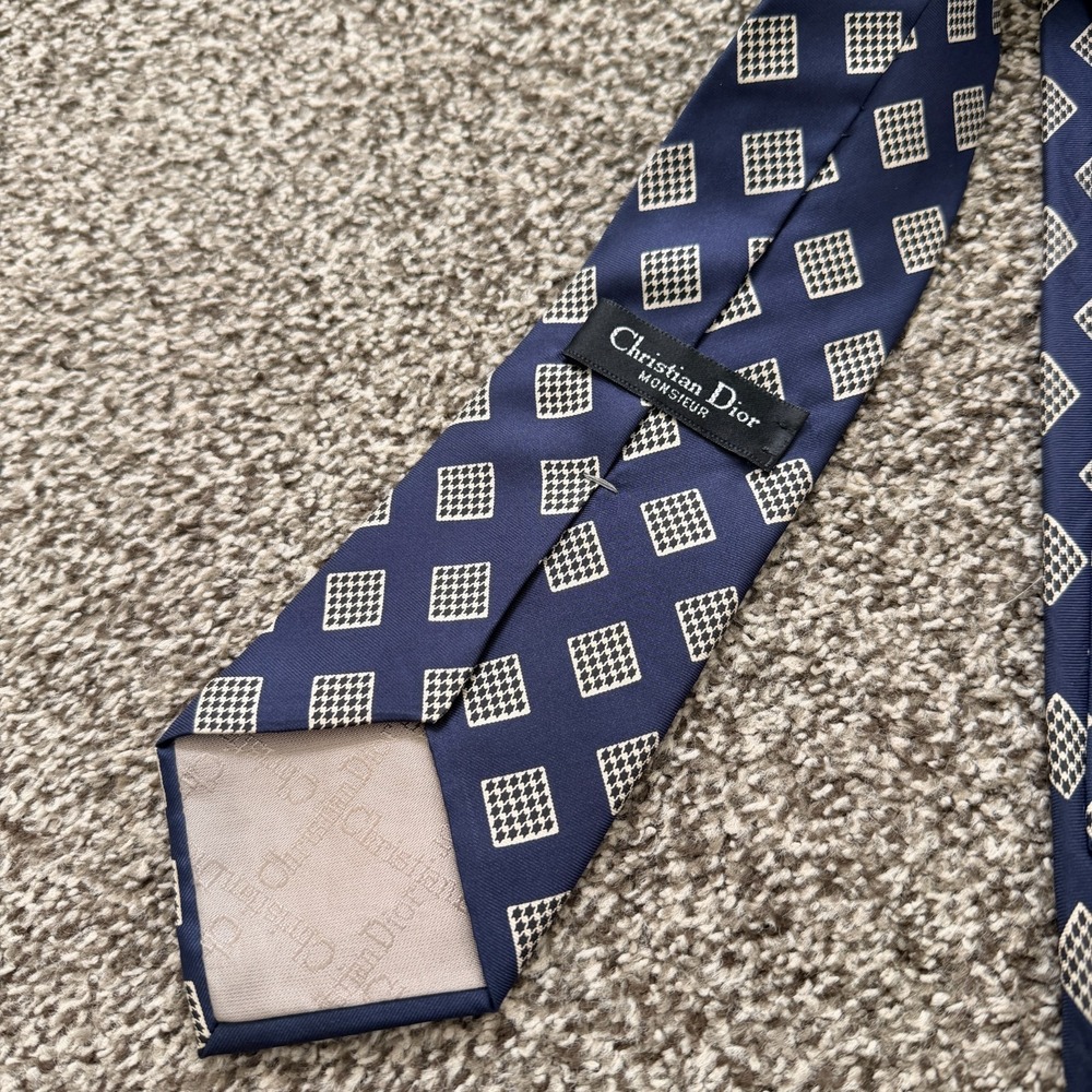 VTG 1980s Christian Dior Monsieur Silk Tie Blue Geometric USA, Fabric Italy